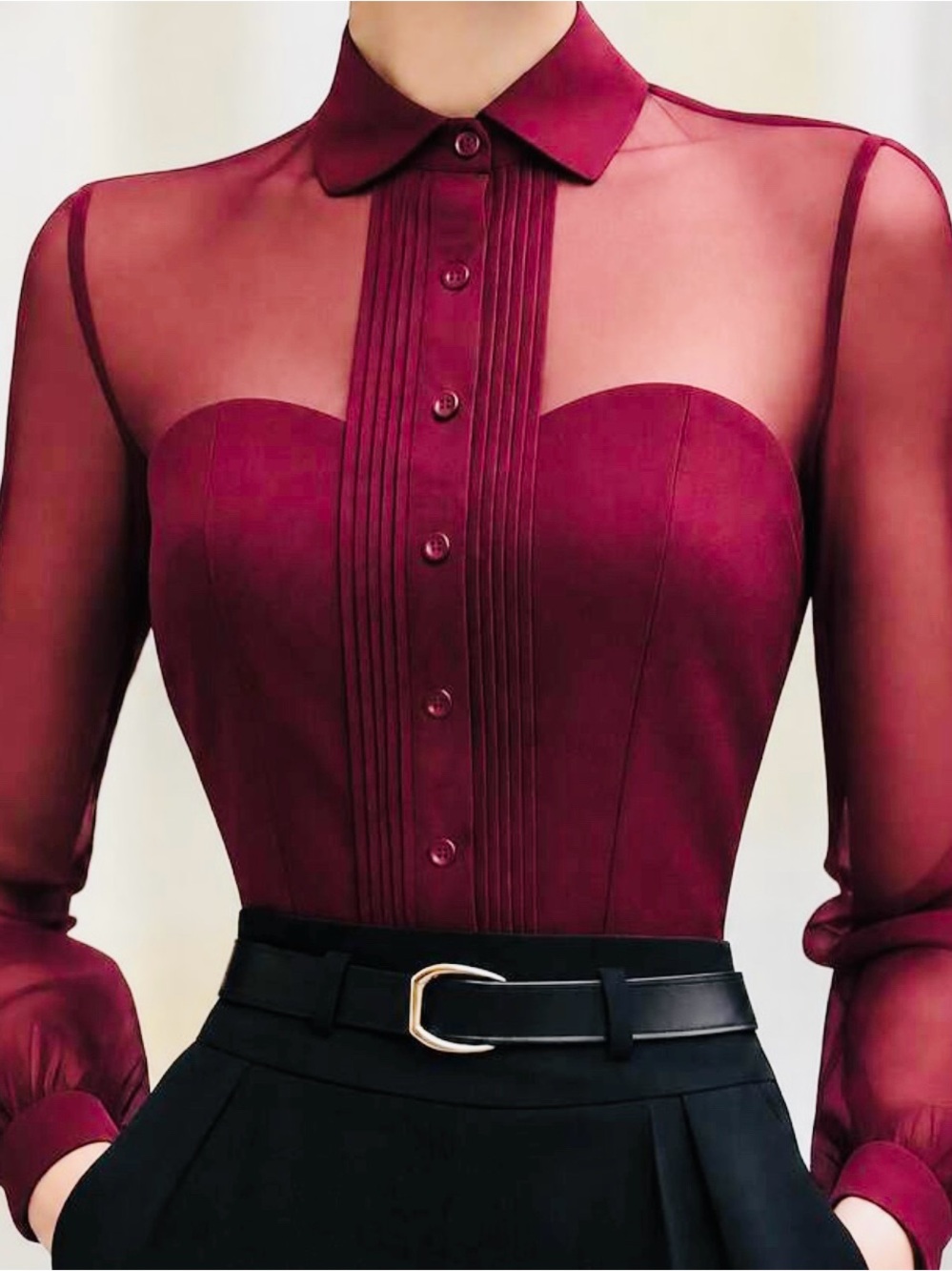 Sheer Panel Burgundy Button-Frontal Women's Blouse